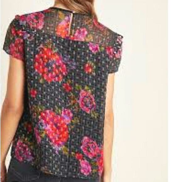 Anthropologie Fiorella Floral Blouse Gold Metallic Beaded Black Pink Red 4 - Picture 8 of 16